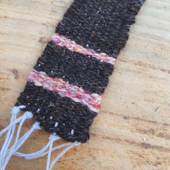 Woven bookmark - Brown with pink/red stripes