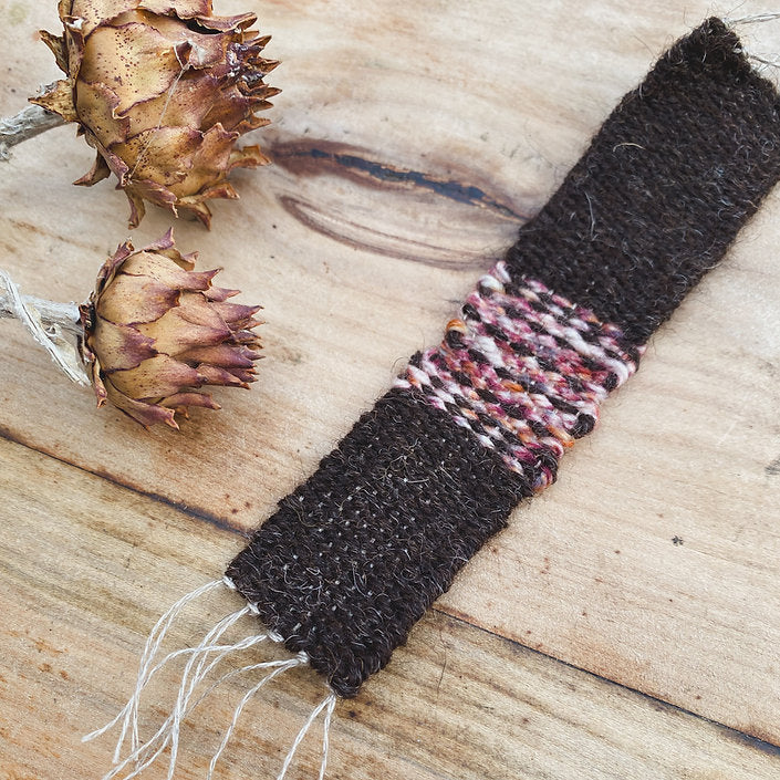 Woven bookmark - Brown with red & white stripe