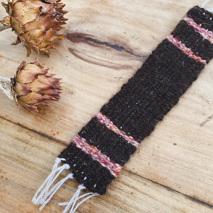 Woven bookmark - Brown with pink/red stripes