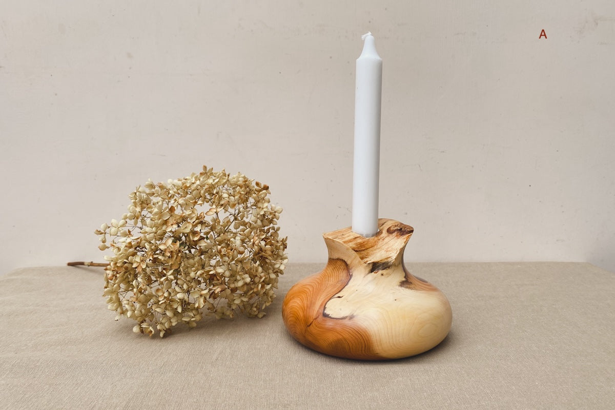 Hand Turned Yew Wood Candle Holder (Includes Candle)