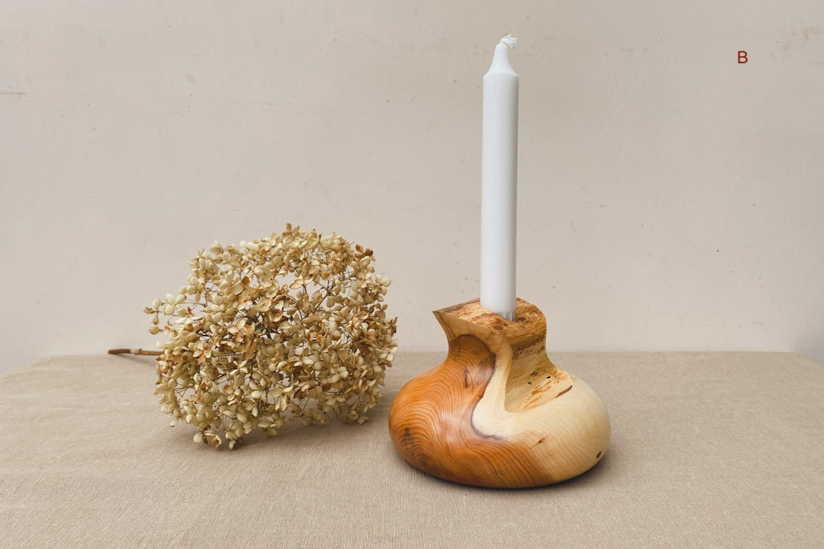 Hand Turned Yew Wood Candle Holder (Includes Candle)