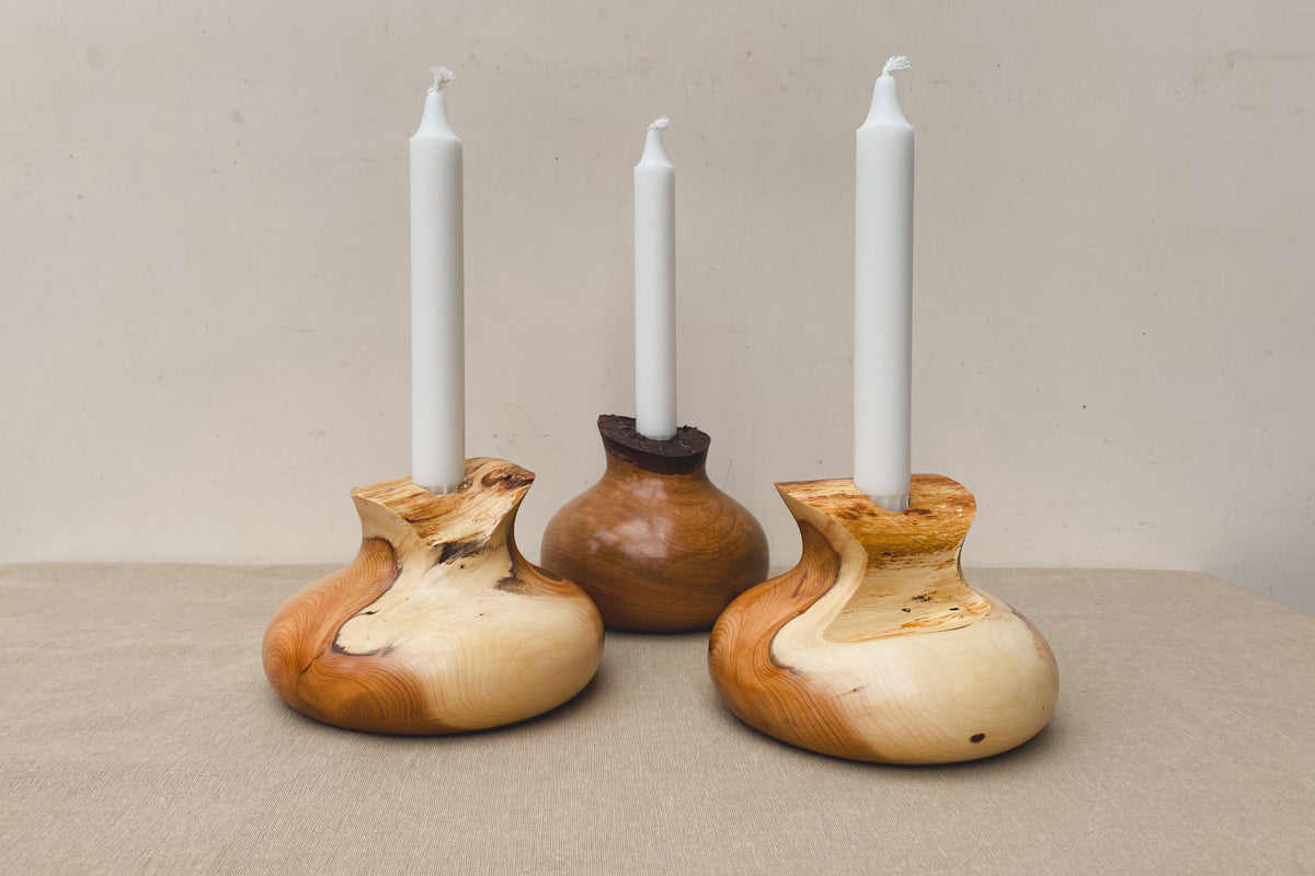 Hand Turned Yew Wood Candle Holder (Includes Candle)