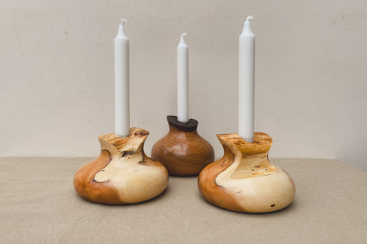 Hand Turned Yew Wood Candle Holder (Includes Candle)