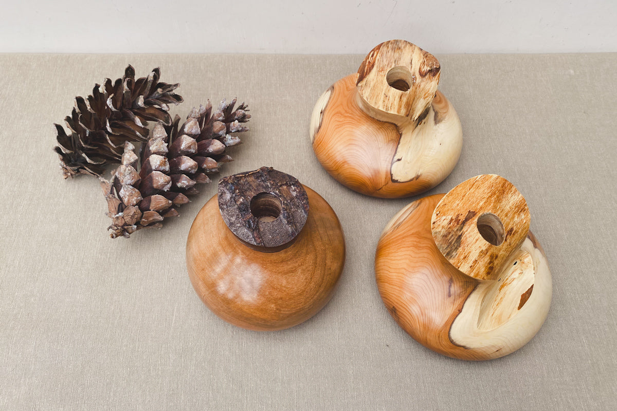 Hand Turned Yew Wood Candle Holder (Includes Candle)