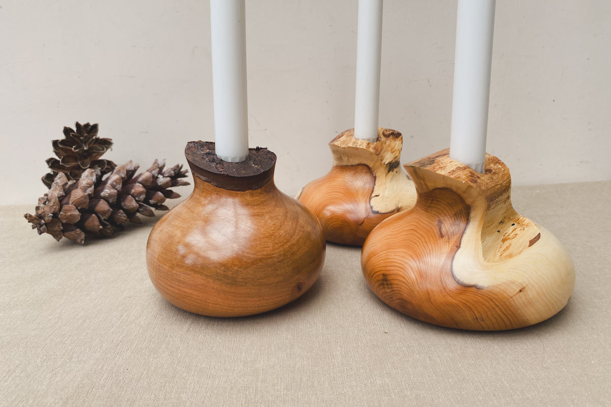 Hand Turned Yew Wood Candle Holder (Includes Candle)