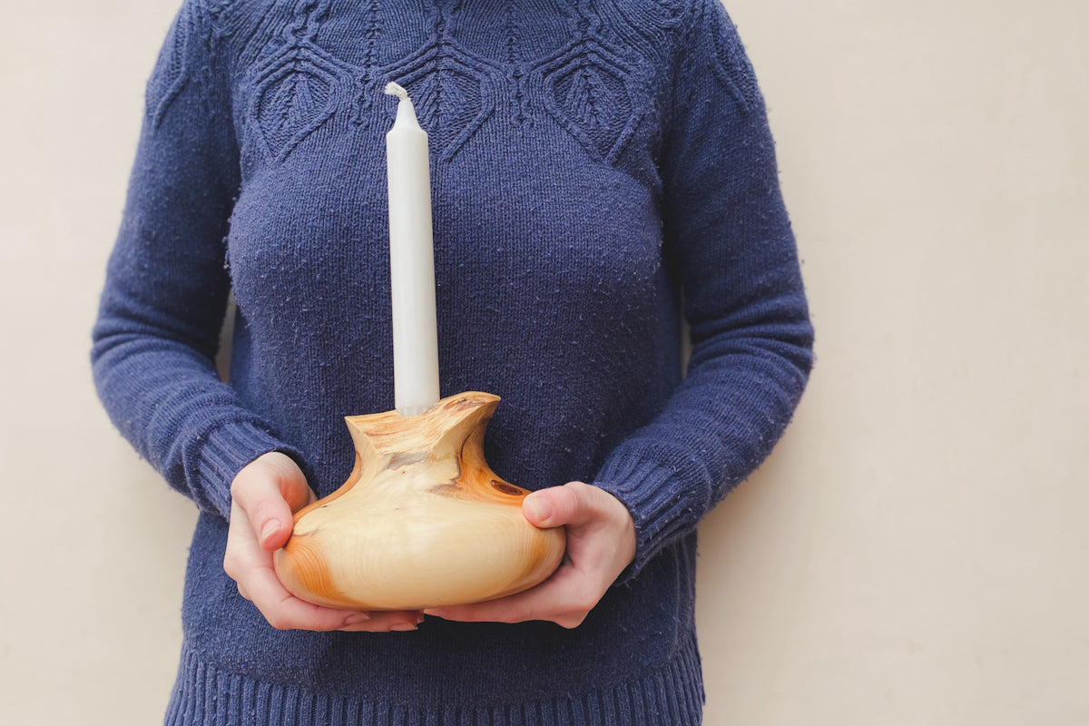 Hand Turned Yew Wood Candle Holder (Includes Candle)